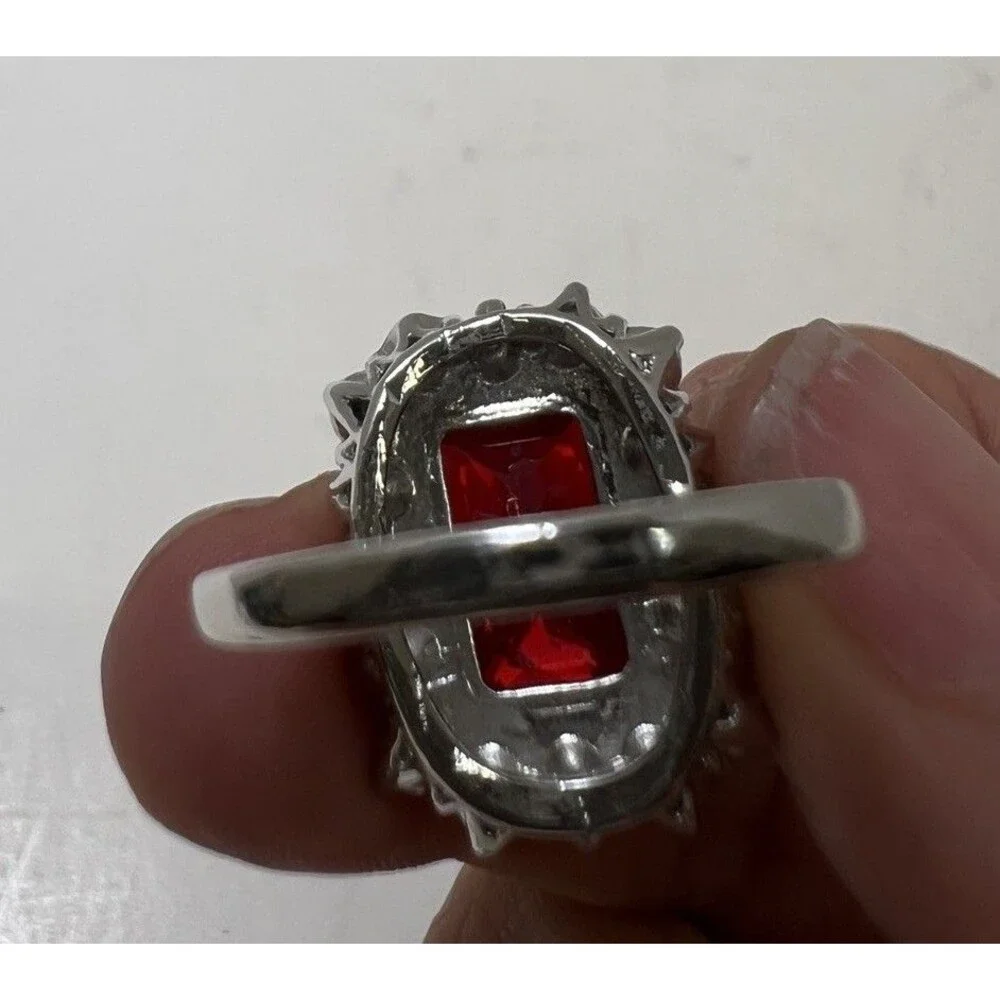 Vintage Style Simulated Ruby Gemstone Cocktail Ring Sz 8 Clear Rhinestone Halo